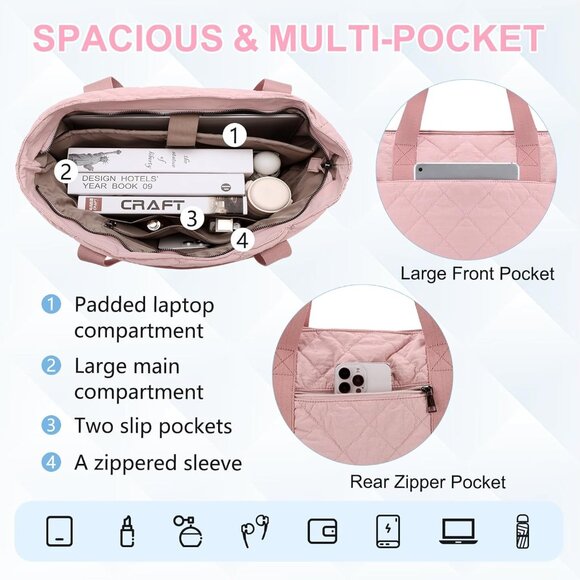 Pink Women's Quilted Puffer Tote Bag 15.6inch Travel Work with Pouch - Picture 3 of 7